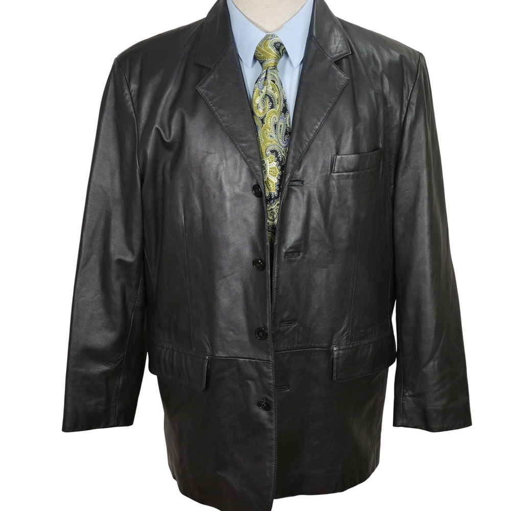 South Wind Men Medium Blazer Black Genuine Leather Classic Car‎ Coat Jacket